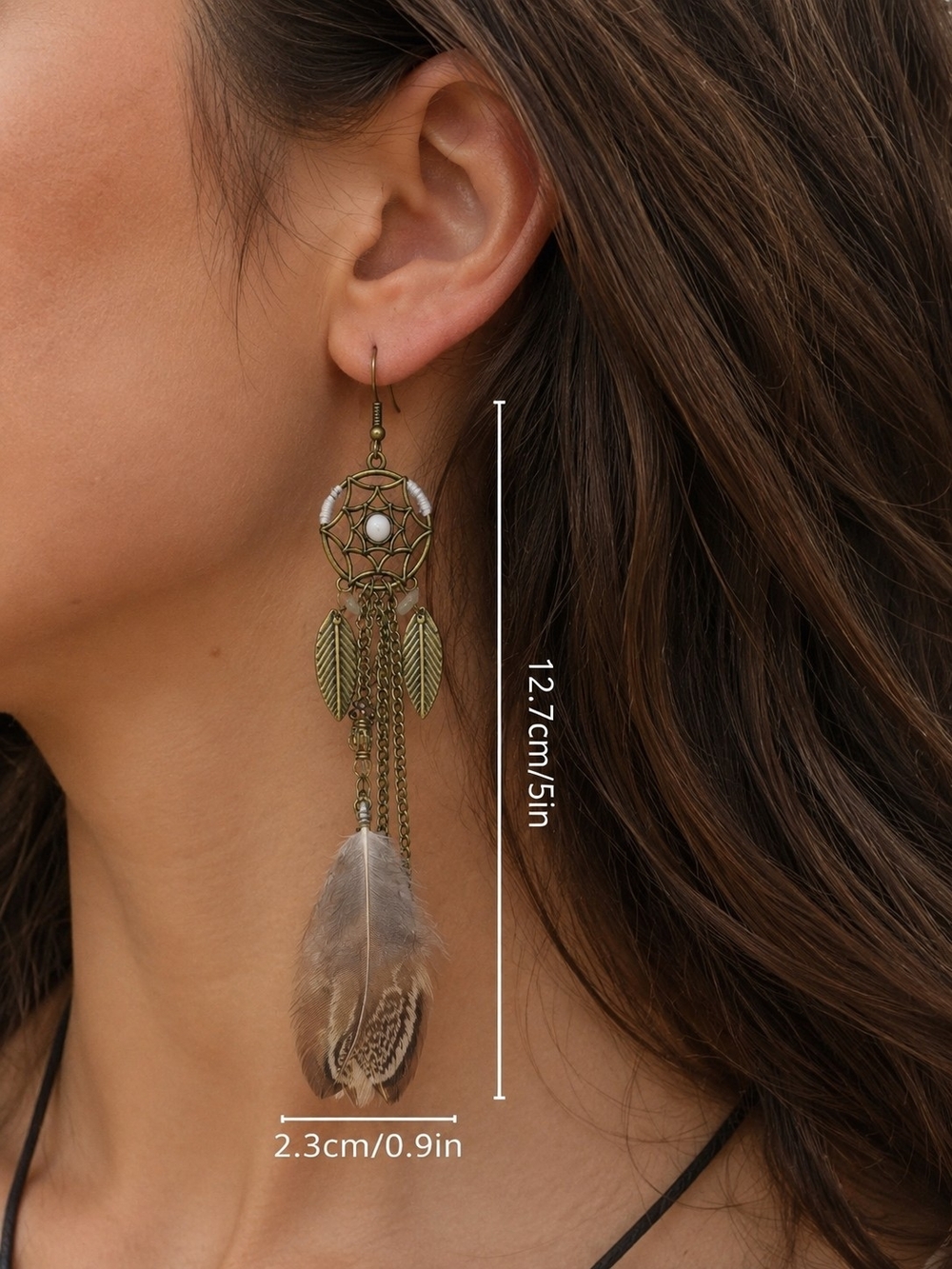 Antique Gold Feather Dreamcatcher Drop Earrings New